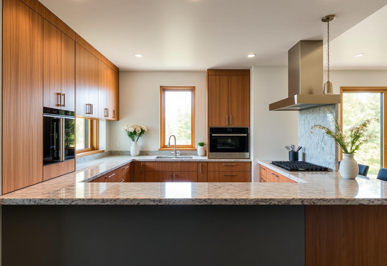 Modern renovated kitchen with stone benchtops and timber cabinetry